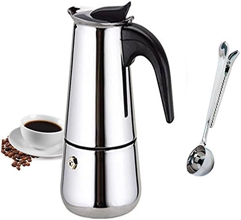 Espresso Coffee Maker Pot Stovetop Moka Coffee Pot Stainless Steel Latte Percolator with Bonus Scoop (4 cups/200ml)