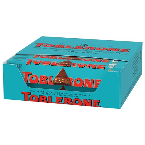 TOBLERONE MILK CHOCOLATE BAR WITH SALTED CARAMELIZED ALMONDS AND HONEY AND ALMOND NOUGAT, BULK CHOCOLATE, 20 – 3.52 OZ BARS