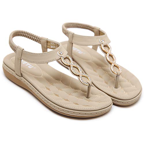 DolphinBanana Women's Glitter Rhinestone T Strap Summer Simple Blingbling Gold Rings Flat Thong Sandals, Beige Flip Flops Shiny Gem Shoes for Dressy Casual Jeans Daily Wear and Beach Vacation