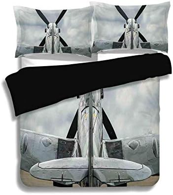 SINOVAL Black Duvet Queen Size,Airplane Decor,Supermarine Spitfire Mk. XVI Battle Birds British Exhibition Museum Guns Weapon Dogfight Decorative,3 Pcs Fashion Bedding Set