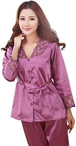 Hengzhi Women's Satin Sleepwear Pajama Set Sexy Long Sleeve Nightgown Plus Size