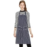 Jennice House Chef Aprons Professional Kitchen Chef Works Chalk Stripe Bib Apron with Pockets Adjustable Neck Strap Long Waist Ties 100% Pure Cotton Aprons in Large Size (navy)