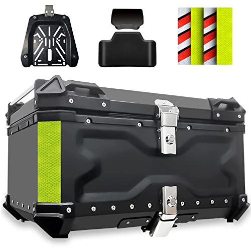 VOKKA Top Case for Motorcycle, 65L Aluminium Alloy Motorcycle Case, Waterproof Dustproof and Anti-Theft, Luggage Box for Storage Helmets, Scooter Top Case with Backrest and Base Plate (Black)