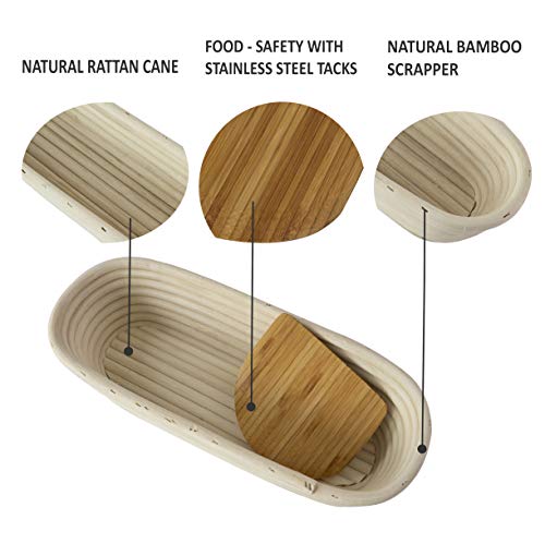 10 inch Oval Banneton Proofing Basket - Made Terra Natural Rattan Cane Brotform Set with Bamboo Dough Scraper & Cloth Liner | Food-Safe Bread Bowls by Artisan Families | Best Baking Gift Set