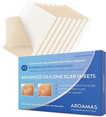 Aroamas Professional Silicone Scar Sheets, Soften and Flattens Scars Resulting from Surgery, Injury, Burns, Acne, C-section and more, Soft Silicone Scar Strips, 3"×1.57", 8 Sheets (4 Month Supply)