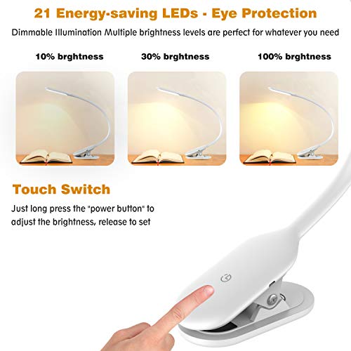Clip Reading Light, Rechargeable 21 LEDs Desk Lamp, Touch Switch Table Lamps with Eye-Caring Dimmable Light, Clamp Book Light with 360Â°Flexible Swing Arm, 30 mins Timer, for Kids, Room, Office, School