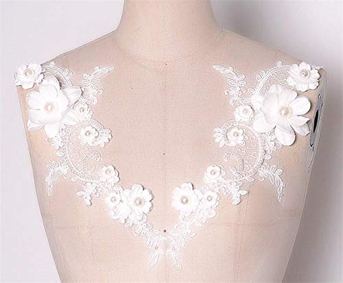 FidgetFidget Motif Pearl Beaded Embroidery Applique Wedding Bridal Lace Trimming 1Pair - Thumbnail 3