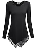 DJT Women's Long Sleeve Boat Neck Lace Hem Hankerchief Tunic Shirts X-Large Black