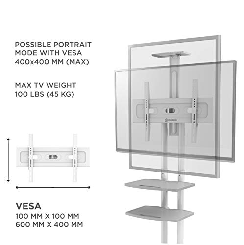 ONKRON Mobile TV Stand TV Cart with Wheels & 2 AV Shelves for 32" - 65 inch LCD LED OLED Flat Panel Plasma Screens up to 100 lbs White TS1552