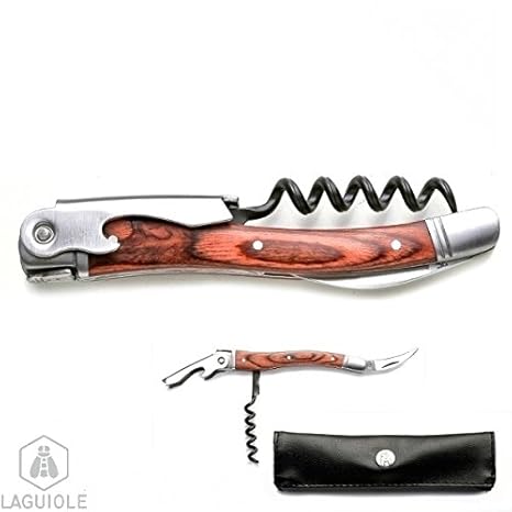LAGUIOLE Korkenzieher mit etui. Sommelier Nr. 2 mit Etui. Griff aus exotischem Holz, Etui aus PU, mit Kapselschneider und Fla