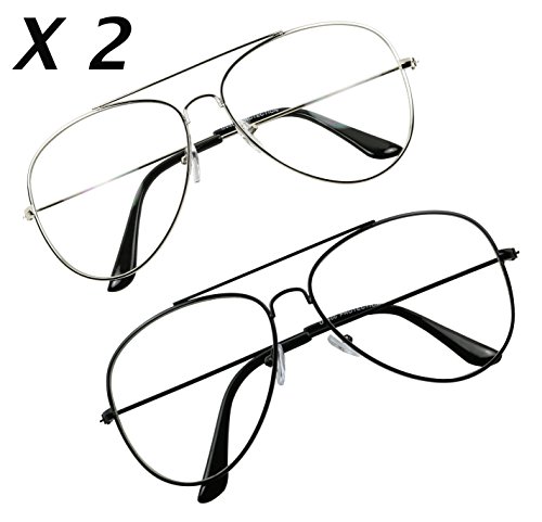 Basik Eyewear - Premium Metal Wire Pilot Teardrop Aviator Clear Lens Eye Glasses (2-Pack Silver & Black, 135)