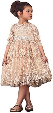 Sunnygirls Lace Appliques Flower Girl Dress For Wedding Beading Waist With Sleeves (Champagne, 7)