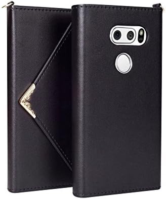 LG V30 Case,LG V30 Plus Case,Hsiaofe PU Leather Magnetic Closure Envelope Wallet Flip Protective Cover Case Credit Card Holders Women Handbag with Wrist Strap for LG V30/LG V30+(Black)