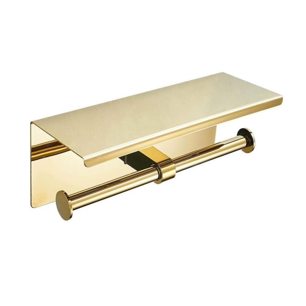 Double Roll Toilet Paper Holder with Shelf, Wall Mounted Stainless Steel Tissue Dispenser for Bathroom (Gold)