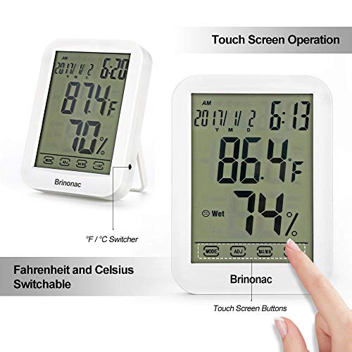 Brinonac Digital Hygrometer Newest Home Office Electronic Thermometer Big LCD Touch Screen Time Clocker with Backlit Calander Clock Alarm Voice Control Thermometer Humidity Monitor for Indoor Outdoor