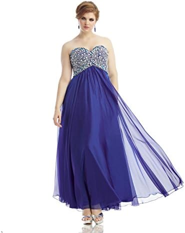 Riva Designs D486 Strapless Beaded Long Chiffon Plus Size Prom Dress, Sapphire, 24