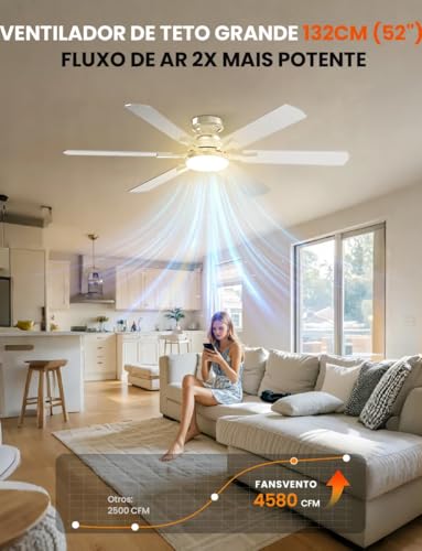 Ventilador de Teto com Controle Remoto, 132cm, 6 Velocidades Função Reversa Luz LED 3 Cores com Memória Motor BLDC Silencioso 127-220V