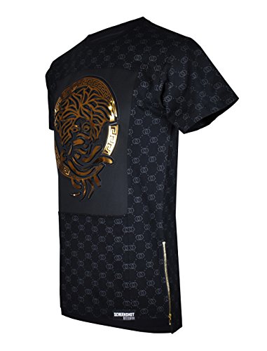 SCREENSHOTBRAND-751 Mens Hipster Hip-Hop Premiun Tees - Luxury Longline Embossed Gold Print T-Shirts Medusa-Black-Medium