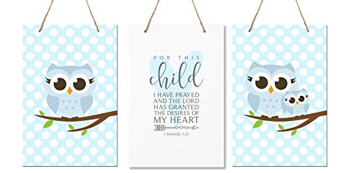 LifeSong Milestones for This Child I Have Prayed 3pc Owl Wall Decor Decorations Hanging Signs for Kids, Bedroom, Nursery, Baby Boys and Girls Room Size 8â€ x 12â€ 3pc Set (Blue)