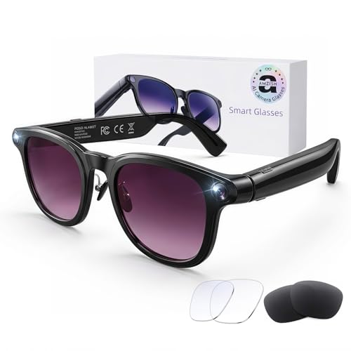 AI Smart Glasses with Camera, 8MP HD Bluetooth Camera Glasses, 1080P Video Recording Sunglasses for Women Men, Real Time Translation, Voice Assistant, Open-Ear Audio for Travel, Work Vlog (3 lenses)