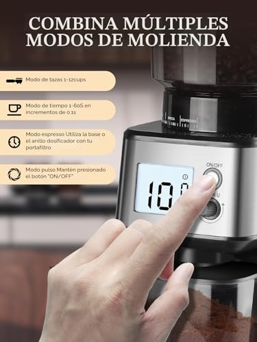 Homtone Electric Coffee Grinder with Conical Grinder – Coffee Mill with 51 Grinding Levels, Removable Holder, Container Included – for Espresso, Filter Coffee, Cold Brew (Acciaio Inox)