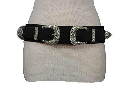 TFJ Women Western Fashion Elastic Belt Hip Waist Silver Double Buckles S M Black