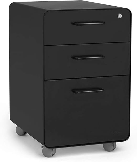 Amazon Com Poppin Black Stow 3 Drawer File Cabinet W Lock Metal Mobile Legal Letter Modern Design Kitchen Dining