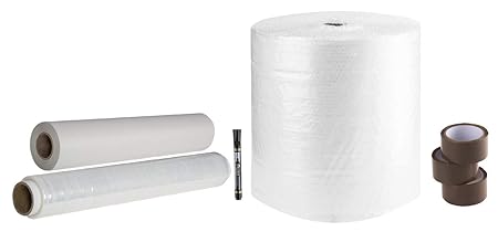 Umzugsset 7-teilig inkl. Luftpolsterfolie, Stretchfolie transparent, Packpapierrolle, 3 Rollen Klebeband Braun, Permanent Mar