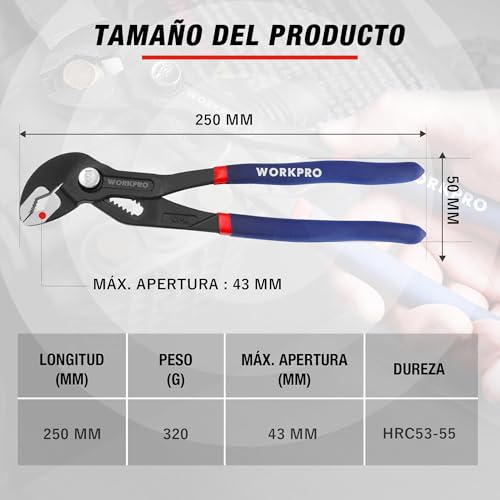 WORKPRO Curved Water Pump Pliers 250 mm, Extendable Pliers, Water Pump Pliers, Parrot Spike Pliers with Curved Groove