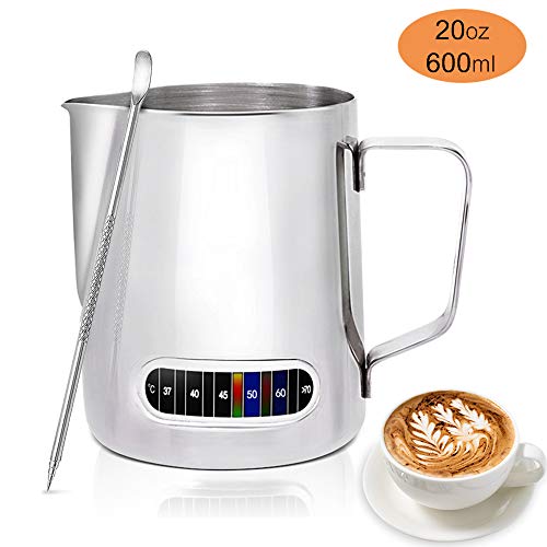 Milk Frothing Pitcher Stainless Steel Espresso Steaming Pitcher 20 oz with Thermometer Coffee Milk Frothing Cup, Perfect for Espresso Machines, Milk Frothers, Latte Art