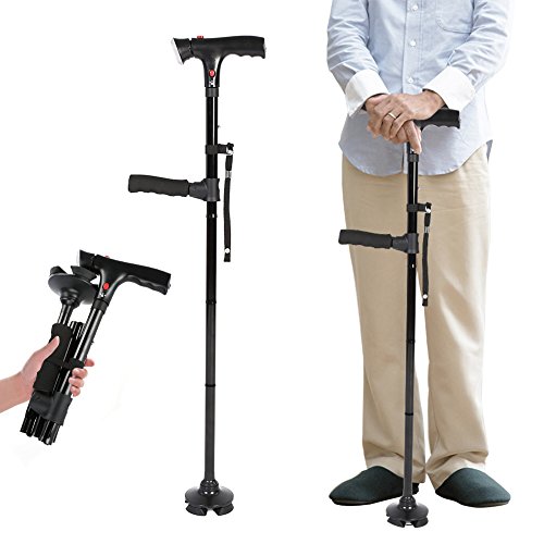 LED Folding Walking Stick, Folding LED Safety Walking Stick Magic Cane 4 Head Pivoting Trusty Base Black for Fathers Mothers Gifts
