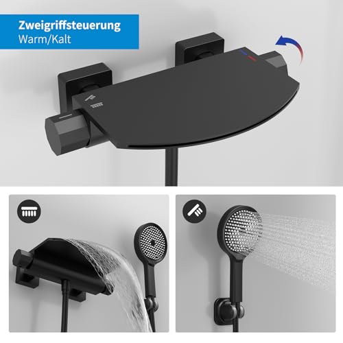 HOMELODY Black Bath Mixer Tap with Hand Shower, Waterfall Bath Tap, Brass Mixer Tap, Wall Fitting for Bathtub, Wall Mounted with Large Platform