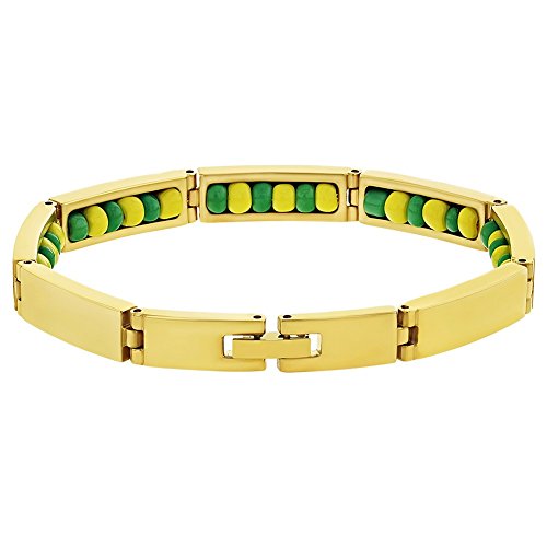 In Season Jewelry Stainless Steel Gold Tone Green Yellow Santeria Babalawo Orula Bracelet 9"
