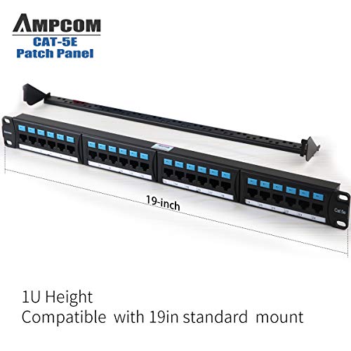 AMPCOM Supreme Series CAT5/5e Patch Panel,50μ Gold Plated,1U 24-Port Rackmount or Wallmount Punch Down Patch Panel,Cable Management Panel,Label Board,RJ45,568A 568B