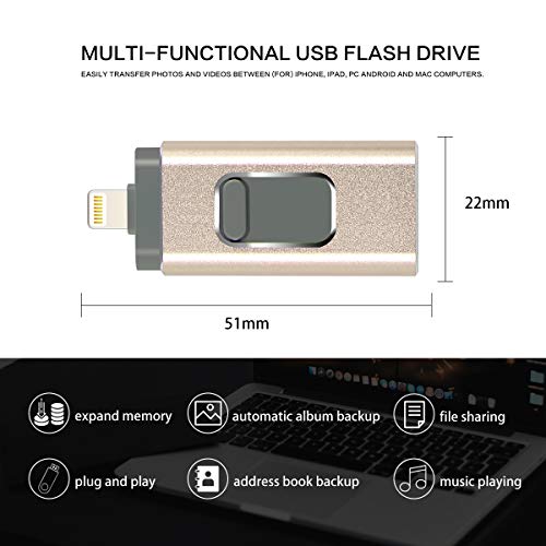 USB Flash Drive for iPhone 256GB Photo Stick USB/Micro USB/Lightning Memory Stick External Storage [3in1] Thumb Drive Compatible with iPhone/iPad/iOS/Android/Mac/PC (256GB, Gold)