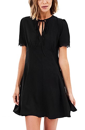 Avoir Aime Vintage Inspired Classic Chiffon Short Sleeve Mini Dress with Lace and Keyhole - Black, S