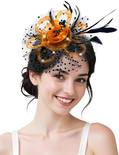 Fascinator Orange /Black Fascinator with Gloves and Pearl Jewelry Set hat Fascinator Orange /Black Fascinator with Gloves and Pearl  main image 3