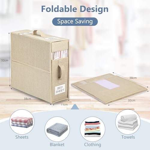 Yeahshion Bed Sheet Storage Bag, Set of 4 Foldable Bedding Organizers, Convenient Bedding Storage and Blankets for King and Queen Bed, Beige