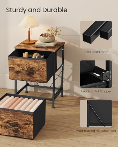 SONGMICS BELLAH Collection - Bedside Table with 2 Drawers, Side End Tables, for Bedroom, Steel, Set of 2, Industrial, Rustic Brown and Ink Black LGS112KD01