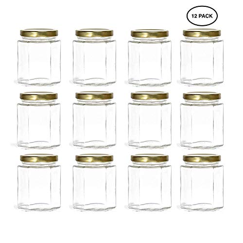 Hexagon Glass Jars by Nellam - 6oz, 12 Pack with 24 Chalk Sticker Labels and Chalk Pen - DIY Jars for Canning, Party and Wedding Favors, Jams, Sauces, Herbs, Spices. (Gold Lid - 12 Pcs)
