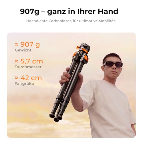 K&F CONCEPT Tripod Camera, 153 cm Carbon Tripod, Lightweight Tripod, Flexible Camera Tripod, Compact Travel Tripod for DSLR A225C2+BH28R