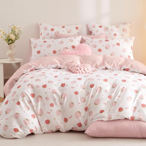 Lanqinglv Bettwäsche 220x240 Rosa Weiß Erdbeeren Herzen Schleifen