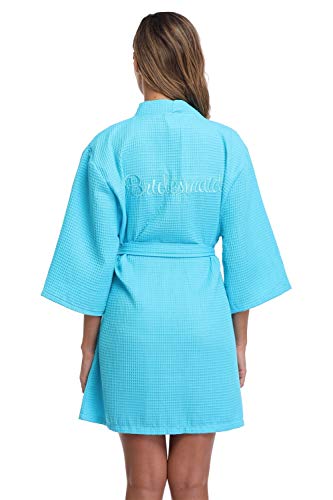 Vogue Bridal Waffle Weave Kimono Robe with Embroidered Bathrobe for Bridesmaid,Sky Blue