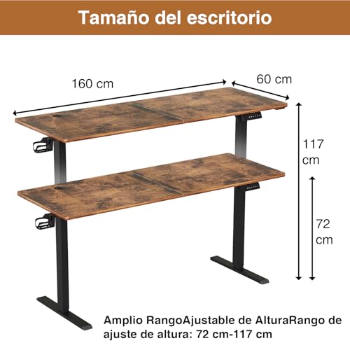 Cakhdry Escritorio elevable,Escritorio Ajustable Altura electrico,160 * 60CM Escritorio,Escritorio de Pie para Oficina en Casa, con Memoria y Soporte Metálico en T (rústicos Vintage)