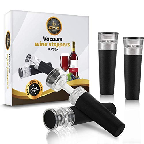 Wine Ziz Wine Pump Vacuum Stoppers With Built-in Vacuum Wine Saver Pump (Set Of 4) | Leak-free Wine Bottle Sealer | Wine Preserver Vacuum Pump | Reusable Air Remover Corks | Food-safe Silicone Caps