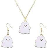 WCRAZYE Ghost Earrings and Necklace for Women Men Cute Stainless Steel Black White Halloween Ghost Dangle Drop Earrings Halloween Theme Jewelry Gift