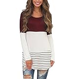 Hount Womens Back Lace Color Block Tunic Tops Long Sleeve T-Shirts Blouses With Striped Hem (X-Large, Wine Red)