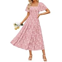 ZESICA Women‘s Summer Boho Floral Midi Dress 2026 Casual Short Sleeve Square Neck Flowy Beach Vacation Long Dress