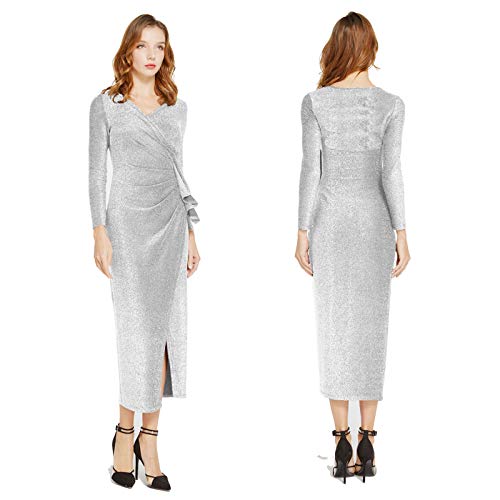 Aiyou Women\'s Long Sleeve Wrap Dresses - Sexy Glitter Ruched V Neck High Slit Maxi Dress Small White