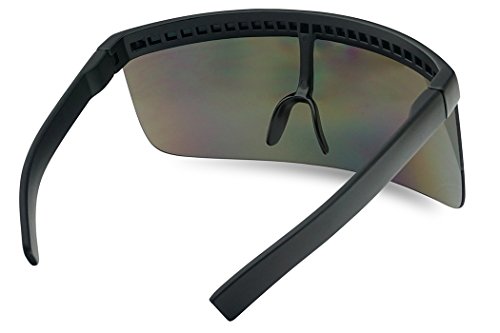 Matte Black Retro Futuristic Single Shield Color Oversized Visor Sunglasses (Matte Black, Fire Red Mirror) - Thumbnail 2